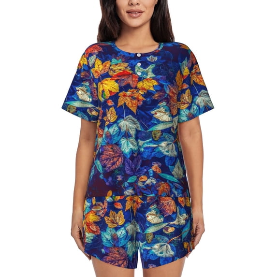 Womens Pajama Sets With Pocket, Colorful Fall Leaves Lounge Sets Short Sleeve Sleepwear PJ Sets for Women