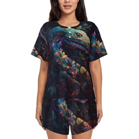 Womens Pajama Sets With Pocket, Colorful Patterned Snake Lounge Sets Short Sleeve Sleepwear PJ Sets for Women