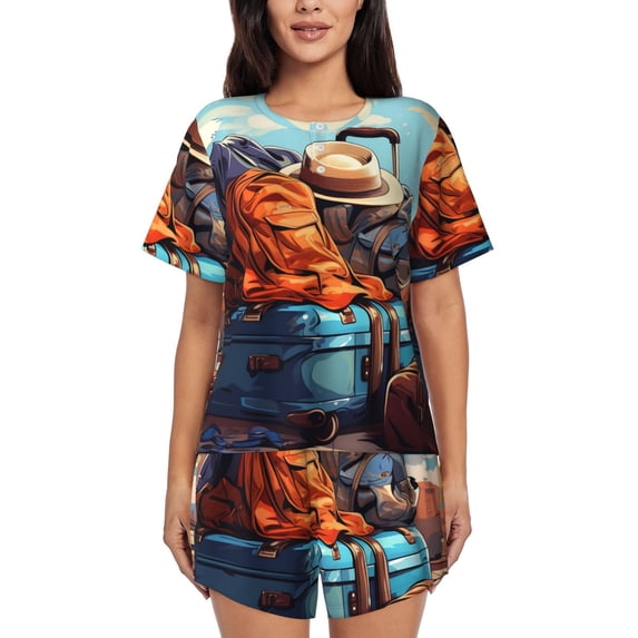 Womens Pajama Sets With Pocket, Colorful Travel Luggage Gear Lounge Sets Short Sleeve Sleepwear PJ Sets for Women
