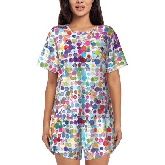 Womens Pajama Sets With Pocket, Colorful Watercolor Dots Lounge Sets Short Sleeve Sleepwear PJ Sets for Women