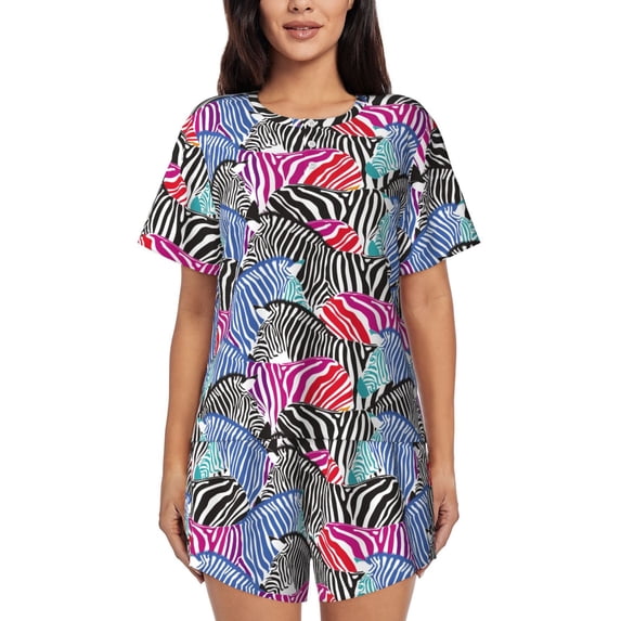 Womens Pajama Sets With Pocket, Colorful zebra cool Lounge Sets Short Sleeve Sleepwear PJ Sets for Women
