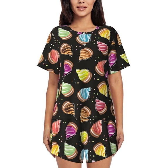 Womens Pajama Sets With Pocket, Colourful Ice Cream Print Black Lounge Sets Short Sleeve Sleepwear PJ Sets for Women