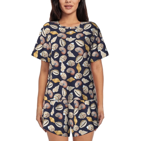 Womens Pajama Sets With Pocket, Conch Shells Print No.906 Lounge Sets Short Sleeve Sleepwear PJ Sets for Women
