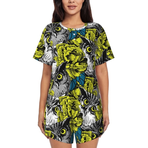 Womens Pajama Sets With Pocket, Cool Owls Lounge Sets Short Sleeve Sleepwear PJ Sets for Women