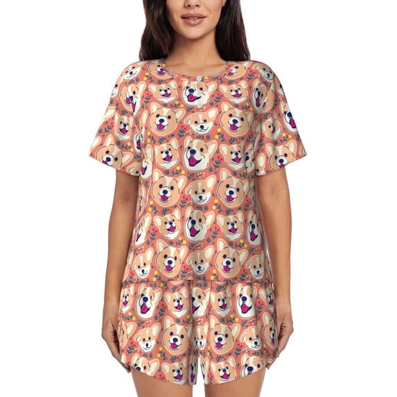 Womens Pajama Sets With Pocket, Corgi Head with Floal Lounge Sets Short Sleeve Sleepwear PJ Sets for Women