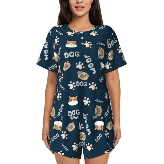 Womens Pajama Sets With Pocket, Cute Dog Puppy woof Lounge Sets Short Sleeve Sleepwear PJ Sets for Women