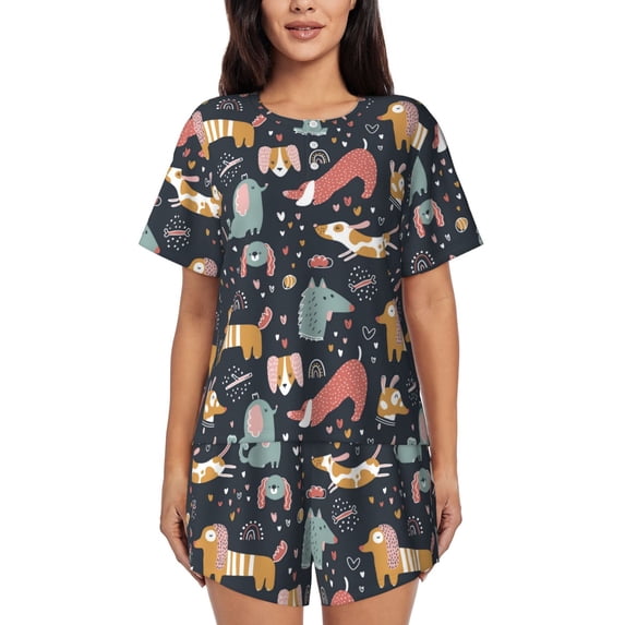 Womens Pajama Sets With Pocket, Cute Dog cartoon Puppy Lounge Sets Short Sleeve Sleepwear PJ Sets for Women