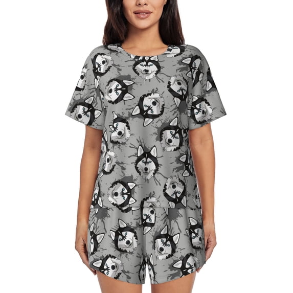 Womens Pajama Sets With Pocket, Cute Funny Husky Gray Lounge Sets Short Sleeve Sleepwear PJ Sets for Women
