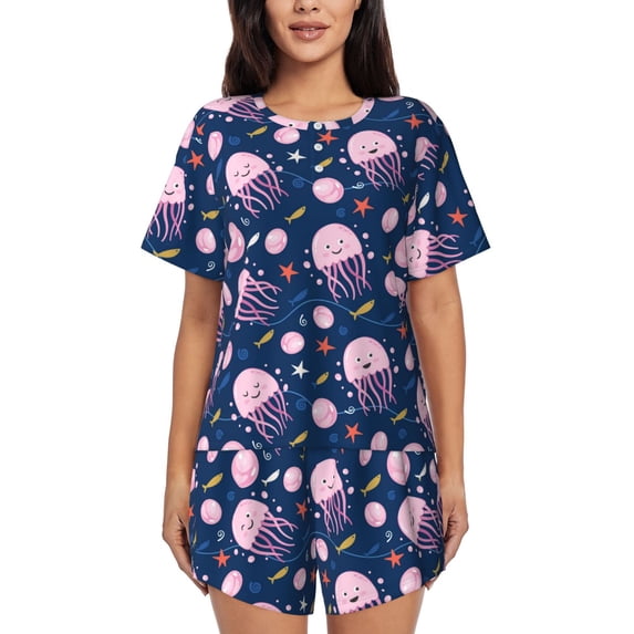 Womens Pajama Sets With Pocket, Cute Pink Jellyfish Lounge Sets Short Sleeve Sleepwear PJ Sets for Women
