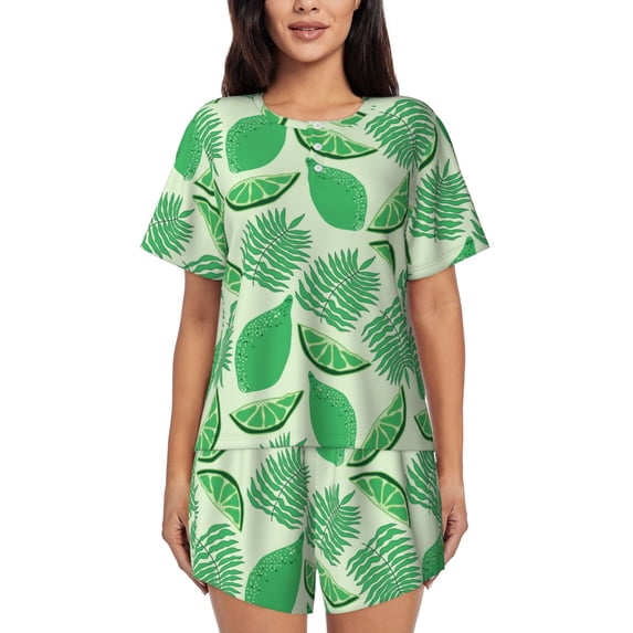 Womens Pajama Sets With Pocket, Cute Sea Green Limes Leaves Lounge Sets Short Sleeve Sleepwear PJ Sets for Women
