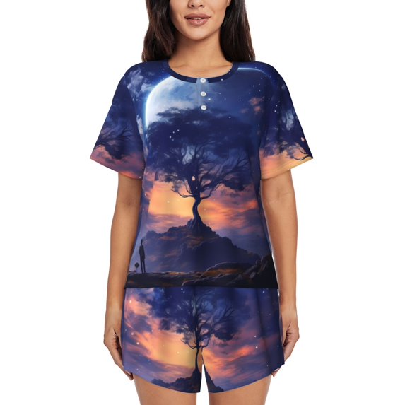 Womens Pajama Sets With Pocket, Dreamy Starry Sky Tree Lounge Sets Short Sleeve Sleepwear PJ Sets for Women