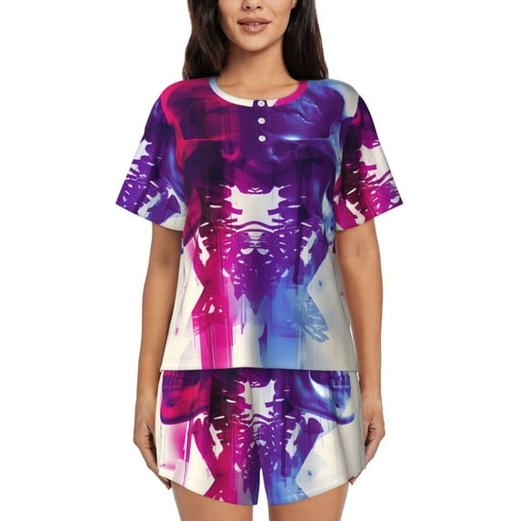 Womens Pajama Sets With Pocket, Dual Skulls Colorful Fusion Lounge Sets Short Sleeve Sleepwear PJ Sets for Women