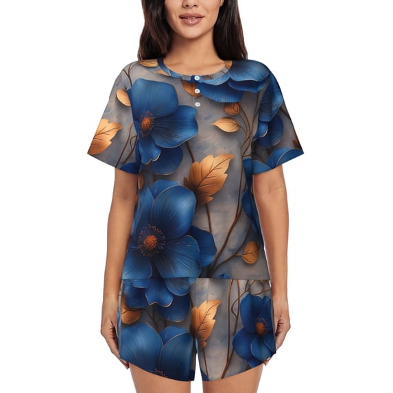 Womens Pajama Sets With Pocket, Elegant Blue Gold Blooms Lounge Sets Short Sleeve Sleepwear PJ Sets for Women