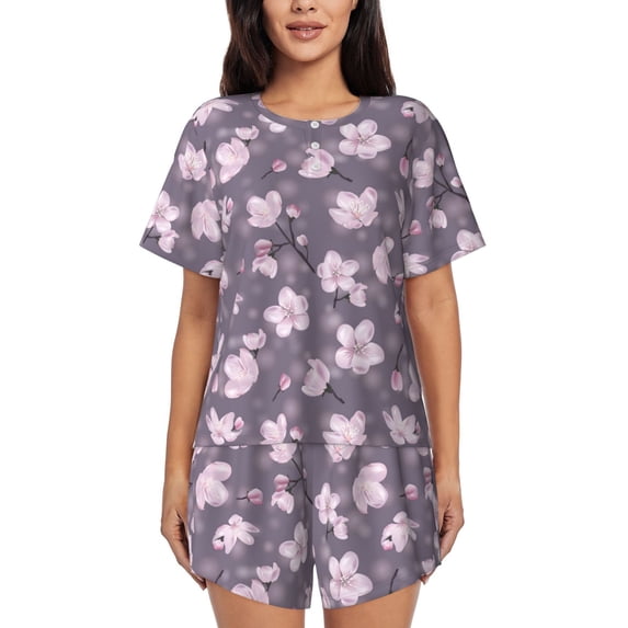Womens Pajama Sets With Pocket, Elegant berry blossoms floral Lounge Sets Short Sleeve Sleepwear PJ Sets for Women