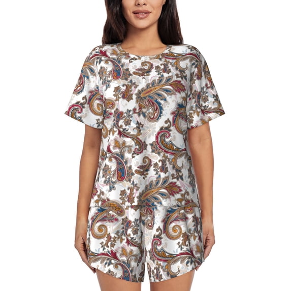 Womens Pajama Sets With Pocket, Exotic Floral Paisley Lounge Sets Short Sleeve Sleepwear PJ Sets for Women