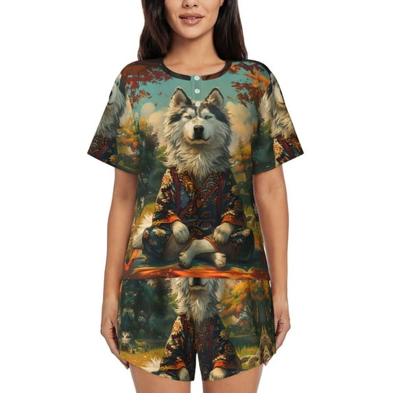 Womens Pajama Sets With Pocket, Forest Maple Leaf Husky Lounge Sets Short Sleeve Sleepwear PJ Sets for Women