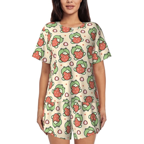 Womens Pajama Sets With Pocket, Frog Hold Strawberry Lounge Sets Short Sleeve Sleepwear PJ Sets for Women
