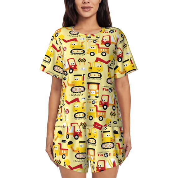 Womens Pajama Sets With Pocket, Funny Construction Vehicles Lounge Sets Short Sleeve Sleepwear PJ Sets for Women