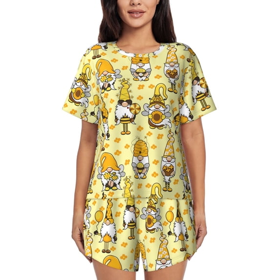Womens Pajama Sets With Pocket, Garden Honeybee Gnomes Lounge Sets Short Sleeve Sleepwear PJ Sets for Women