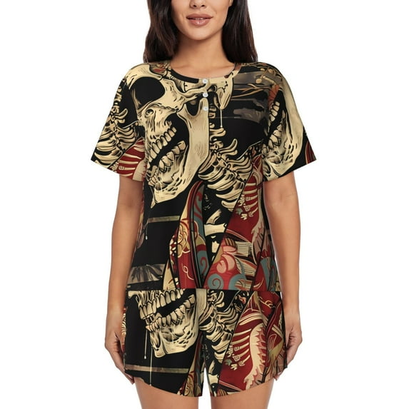 Womens Pajama Sets With Pocket, Gothic Eastern Floral Skull Lounge Sets Short Sleeve Sleepwear PJ Sets for Women