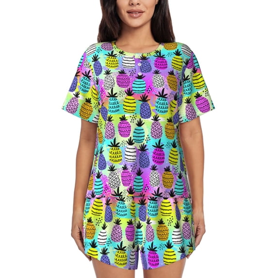Womens Pajama Sets With Pocket, Graffiti Pineapples On Neon Lounge Sets Short Sleeve Sleepwear PJ Sets for Women