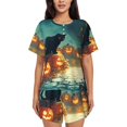 thumbnail image 1 of Womens Pajama Sets With Pocket, Halloween Black Cat Pumpkin Street Lounge Sets Short Sleeve Sleepwear PJ Sets for Women, 1 of 6