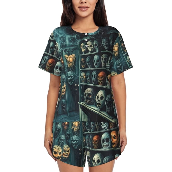 Womens Pajama Sets With Pocket, Halloween Mask Wall (3) Lounge Sets Short Sleeve Sleepwear PJ Sets for Women
