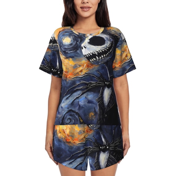 Womens Pajama Sets With Pocket, Halloween Starry Night Pumpkin Lounge Sets Short Sleeve Sleepwear PJ Sets for Women