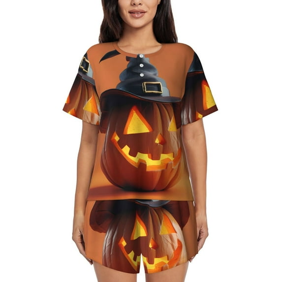 Womens Pajama Sets With Pocket, Halloween Witch Hat Pumpkin Cute Lounge Sets Short Sleeve Sleepwear PJ Sets for Women
