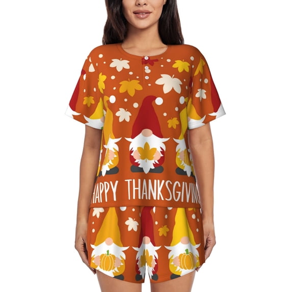 Womens Pajama Sets With Pocket, Happy Thanksgiving Three Gnomes Lounge Sets Short Sleeve Sleepwear PJ Sets for Women