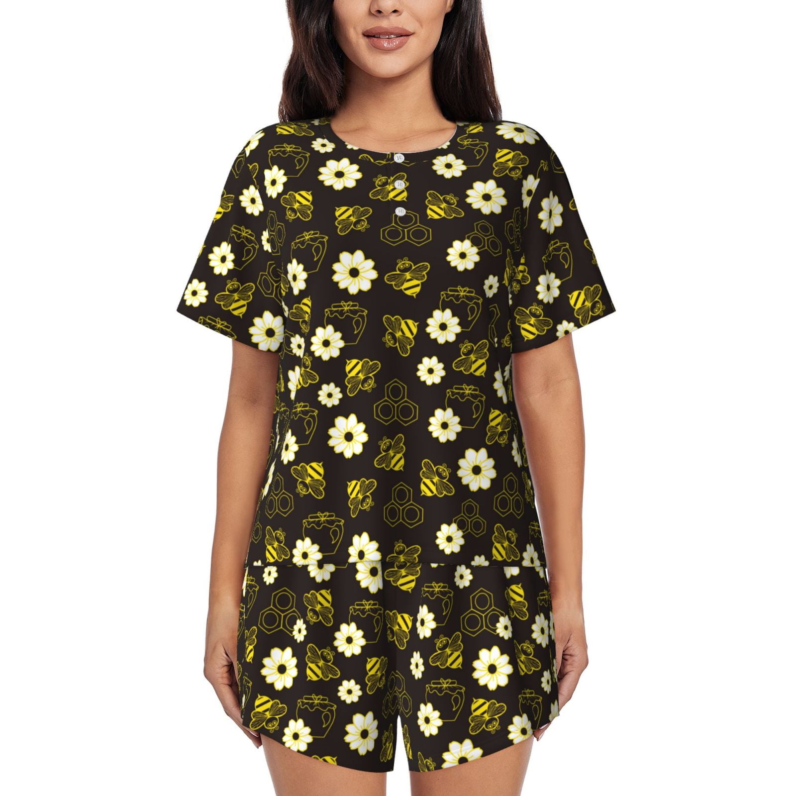 Womens Pajama Sets With Pocket, Honey Bees With Flowers Lounge Sets ...