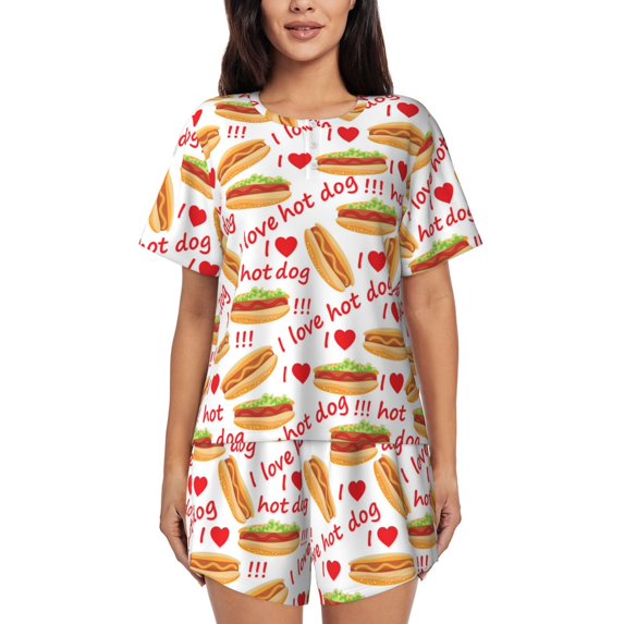 Womens Pajama Sets With Pocket, Hot Dog Lover Print Lounge Sets Short Sleeve Sleepwear PJ Sets for Women