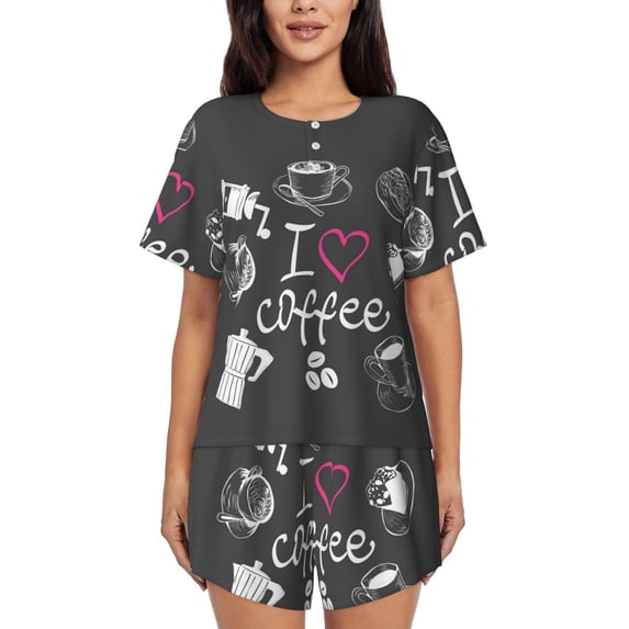 Womens Pajama Sets With Pocket, I Love Coffee Lounge Sets Short Sleeve Sleepwear PJ Sets for Women