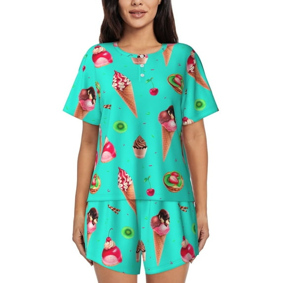 Womens Pajama Sets With Pocket, Kiwi Tart Ice Cream Print Lounge Sets Short Sleeve Sleepwear PJ Sets for Women