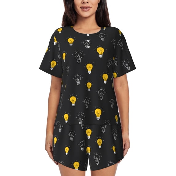 Womens Pajama Sets With Pocket, Light Bulb Pattern blue Lounge Sets Short Sleeve Sleepwear PJ Sets for Women