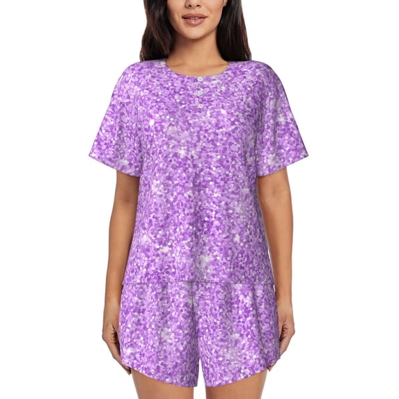 Womens Pajama Sets With Pocket, Lilac Glittering Lounge Sets Short Sleeve Sleepwear PJ Sets for Women