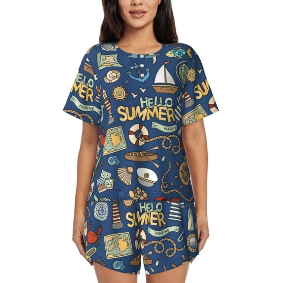 Womens Pajama Sets With Pocket, Marine Nautical Lounge Sets Short Sleeve Sleepwear PJ Sets for Women