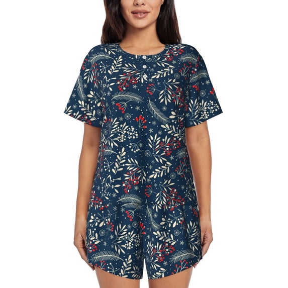 Womens Pajama Sets With Pocket, Merry Christmas Winter Leaves Lounge Sets Short Sleeve Sleepwear PJ Sets for Women