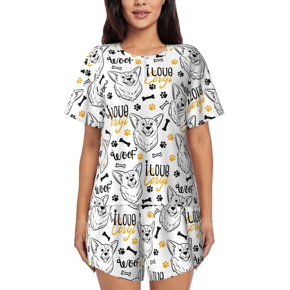 Womens Pajama Sets With Pocket, Minimalist Cute Corgi Dog Lounge Sets Short Sleeve Sleepwear PJ Sets for Women
