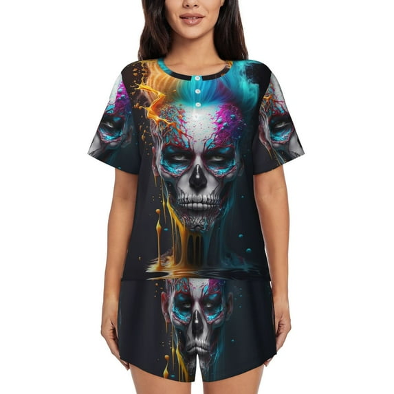 Womens Pajama Sets With Pocket, Modern Abstract Colorful Skull Lounge Sets Short Sleeve Sleepwear PJ Sets for Women