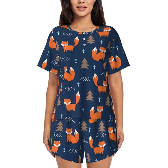 Womens Pajama Sets With Pocket, Mushroom Tree Fox Lounge Sets Short Sleeve Sleepwear PJ Sets for Women