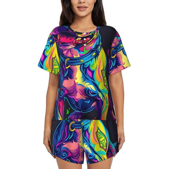 Womens Pajama Sets With Pocket, Neon Pop Art Pitbull Lounge Sets Short Sleeve Sleepwear PJ Sets for Women