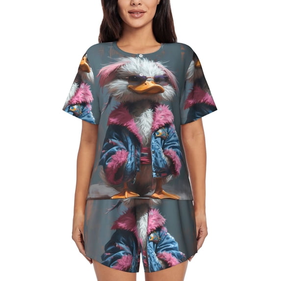 Womens Pajama Sets With Pocket, Pink Lady Duck Lounge Sets Short Sleeve Sleepwear PJ Sets for Women