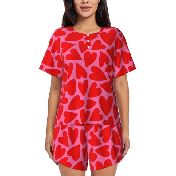 Womens Pajama Sets With Pocket, Red Love Heart Lounge Sets Short Sleeve Sleepwear PJ Sets for Women