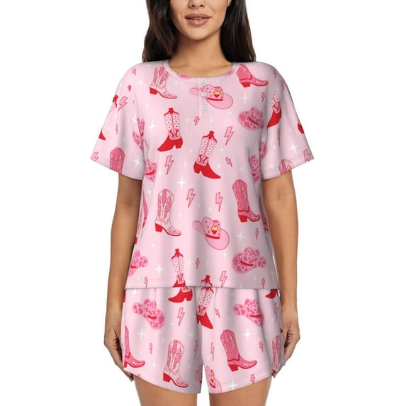 Womens Pajama Sets With Pocket, Retro pink Cowgirl boots hat Lounge Sets Short Sleeve Sleepwear PJ Sets for Women