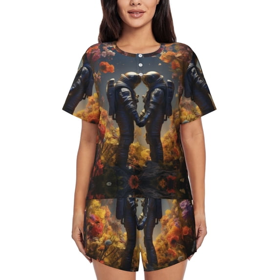 Womens Pajama Sets With Pocket, Romantic Flower Astronaut Couple Lounge Sets Short Sleeve Sleepwear PJ Sets for Women