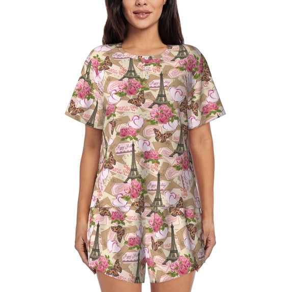Womens Pajama Sets With Pocket, Rose Flowers Butterfly Love Lounge Sets Short Sleeve Sleepwear PJ Sets for Women