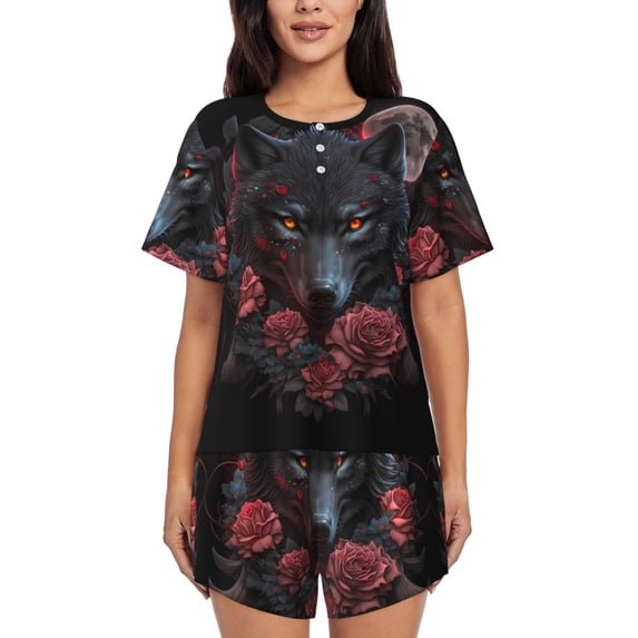 Womens Pajama Sets With Pocket, Rose Full Moon Black Wolf Lounge Sets Short Sleeve Sleepwear PJ Sets for Women