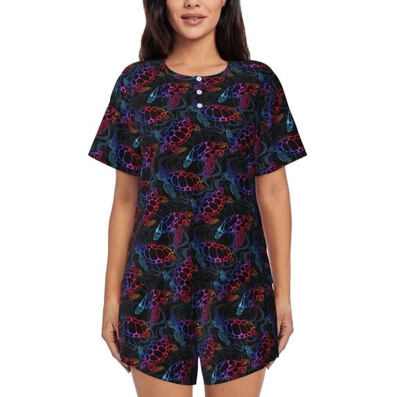 Womens Pajama Sets With Pocket, Sea Turtle colorful Lounge Sets Short Sleeve Sleepwear PJ Sets for Women
