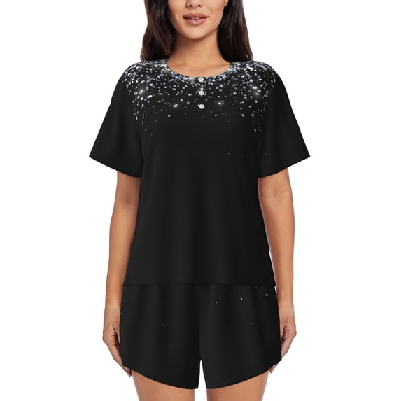 Womens Pajama Sets With Pocket, Silver Glitter1 Lounge Sets Short Sleeve Sleepwear PJ Sets for Women